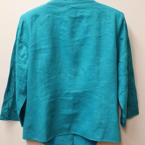 J Song 100% Linen Jacket Embroidery 3/4 Sleeves Button Up No Collar Size 10 - Picture 10 of 15